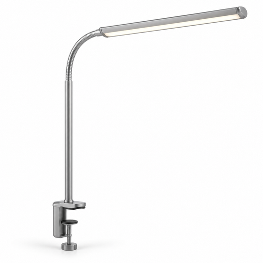 Lámpara LED de pinza plateada con cuello flexible – Luz de escritorio que ahorra espacio para home office, lectura y estudio