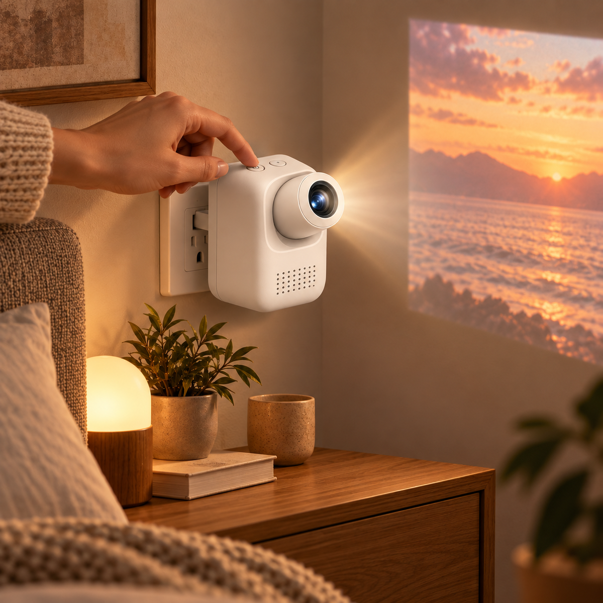 Mini proyector compacto con enchufe integrado – Proyector que ahorra espacio para recámaras y espacios pequeños