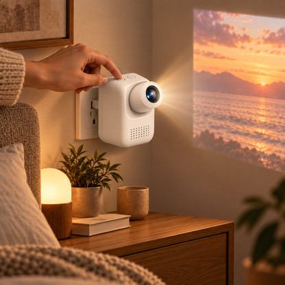 Mini proyector compacto con enchufe integrado – Proyector que ahorra espacio para recámaras y espacios pequeños