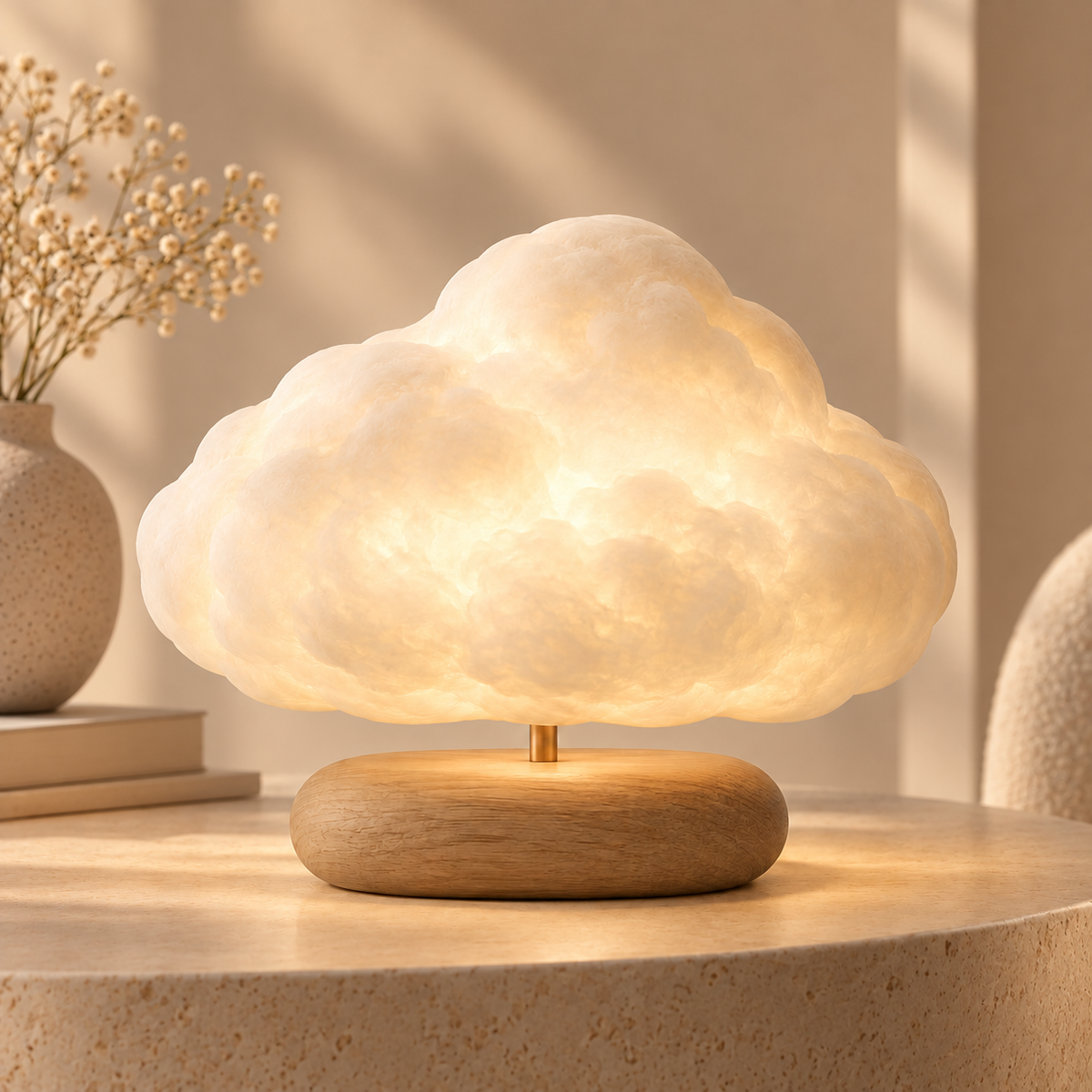 Lámpara en forma de nube con base de madera – Luz ambiental decorativa con un cálido resplandor para recámaras y salas