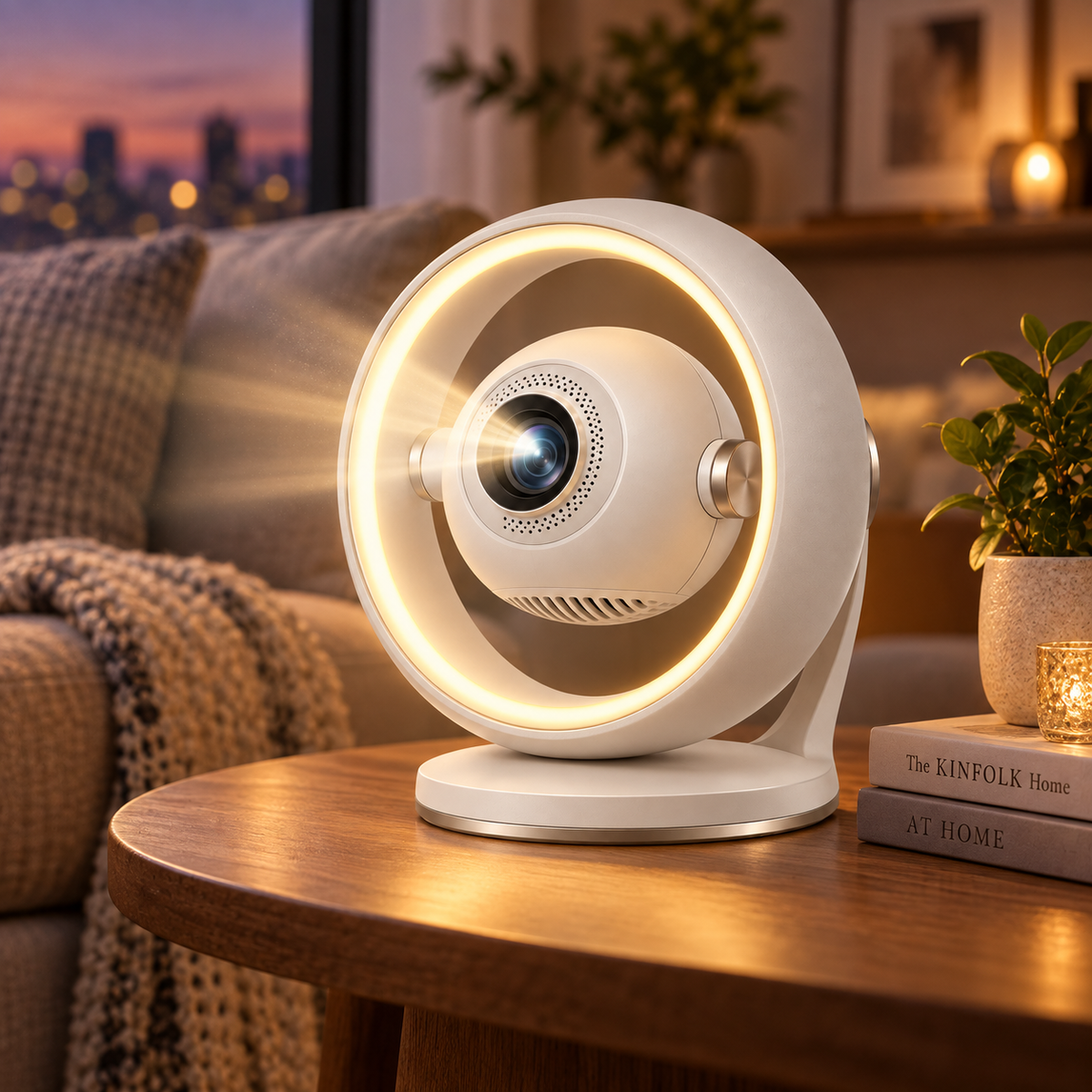 Mini proyector moderno con luz de aro – Proyector compacto para cine en casa con iluminación ambiental decorativa