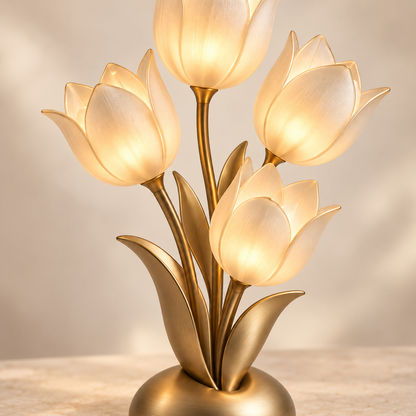 Lámpara LED decorativa de mesa con tulipanes en tono dorado – Luz ambiental floral con cuatro flores iluminadas