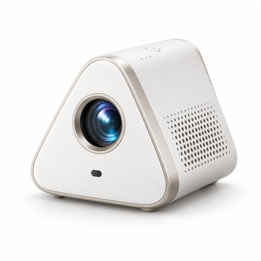 Proyector compacto de cine en casa con diseño triangular – Mini proyector moderno para sala, recámara y noches de películas
