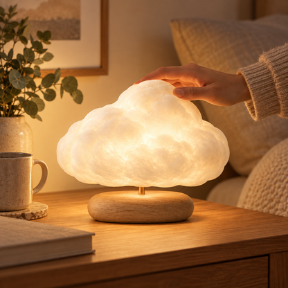 Lámpara en forma de nube con base de madera – Luz ambiental decorativa con un cálido resplandor para recámaras y salas
