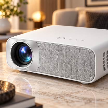 Proyector compacto blanco para cine en casa – Proyector minimalista con frente de tela para sala y recámara