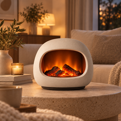 Lámpara LED decorativa tipo chimenea en blanco crema – Luz ambiental moderna con acogedor efecto de llama