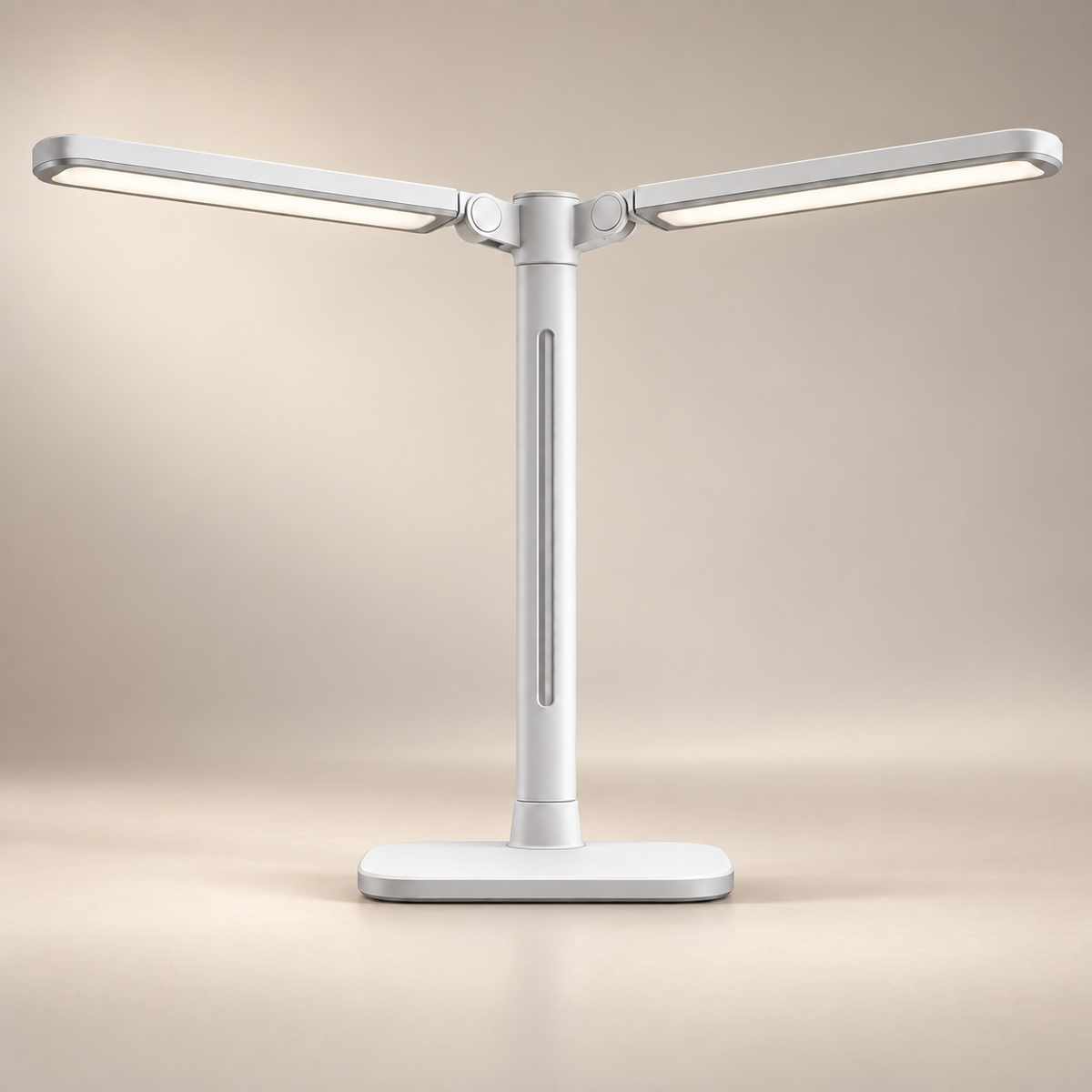 Lámpara LED de escritorio blanca con doble cabezal – Luz de trabajo amplia con brazos ajustables para home office y estudio