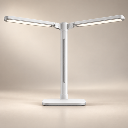 Lámpara LED de escritorio blanca con doble cabezal – Luz de trabajo amplia con brazos ajustables para home office y estudio