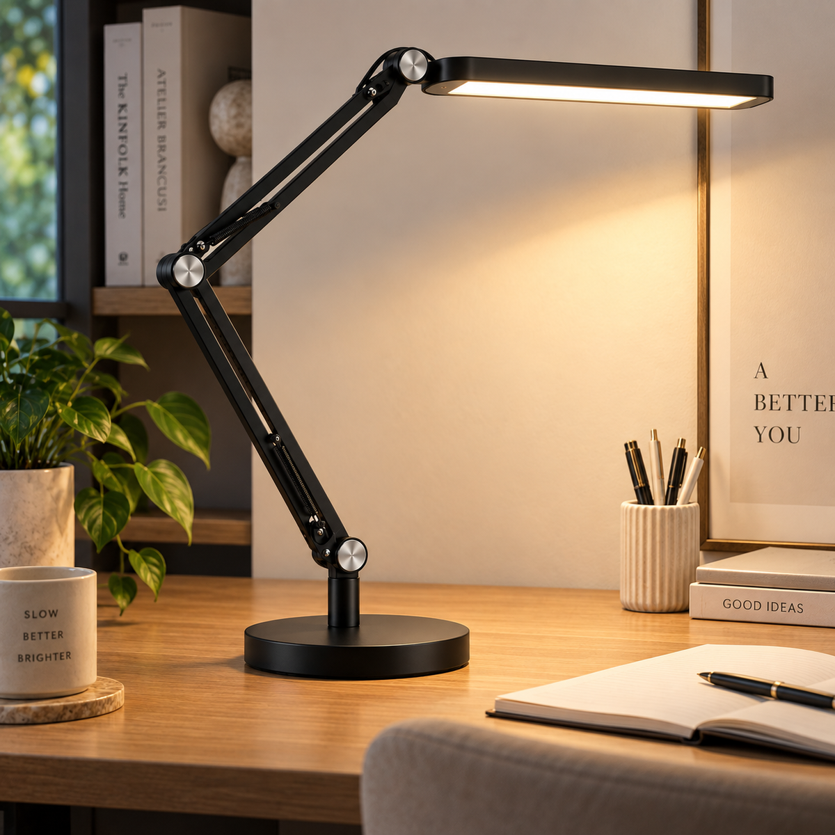Lámpara LED de escritorio negra con brazo ajustable – Luz de trabajo flexible para oficina, home office y espacios de lectura