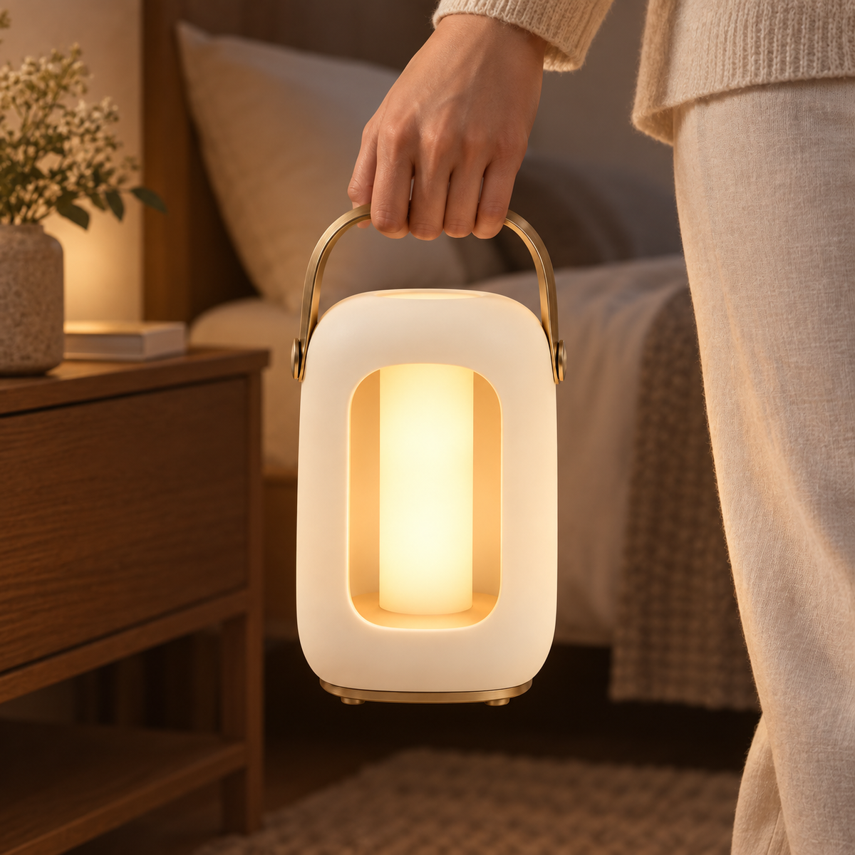 Linterna LED portátil en blanco crema – Luz nocturna minimalista con cálida iluminación ambiental